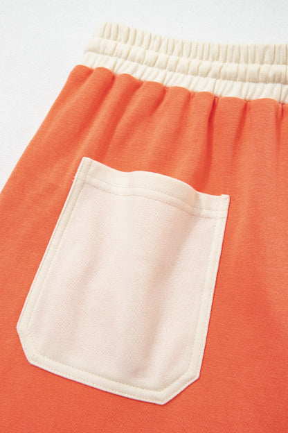 Russet Orange Raw Seam Colorblock Wide Leg Ankle Length Casual Pants