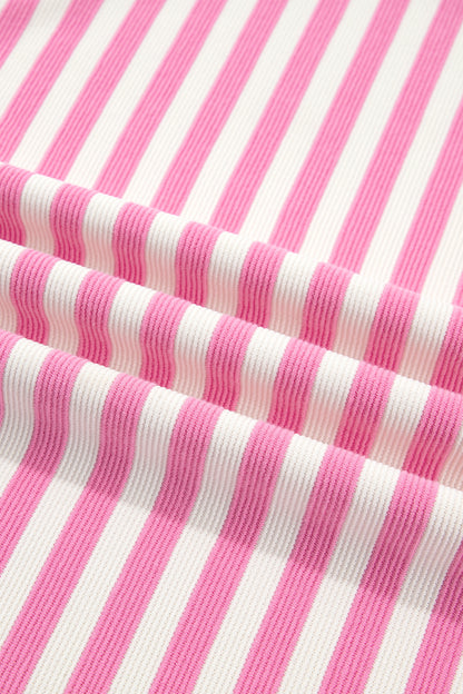 Pink Striped Long Sleeve Crew Neck Drawstring Waist Shorts Set