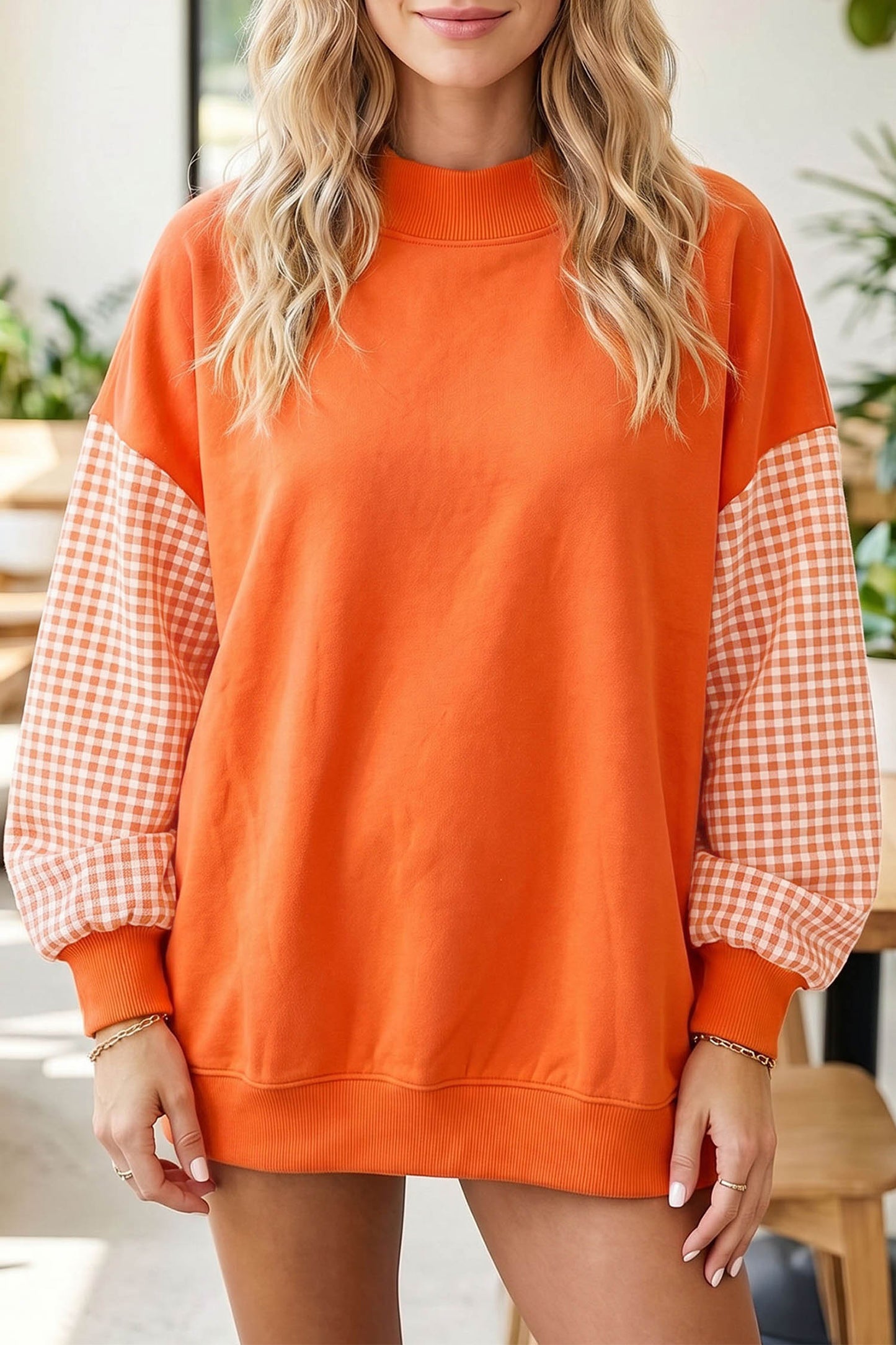 Plaid Sleeve Loose Tunic Mockneck Sweatshirt