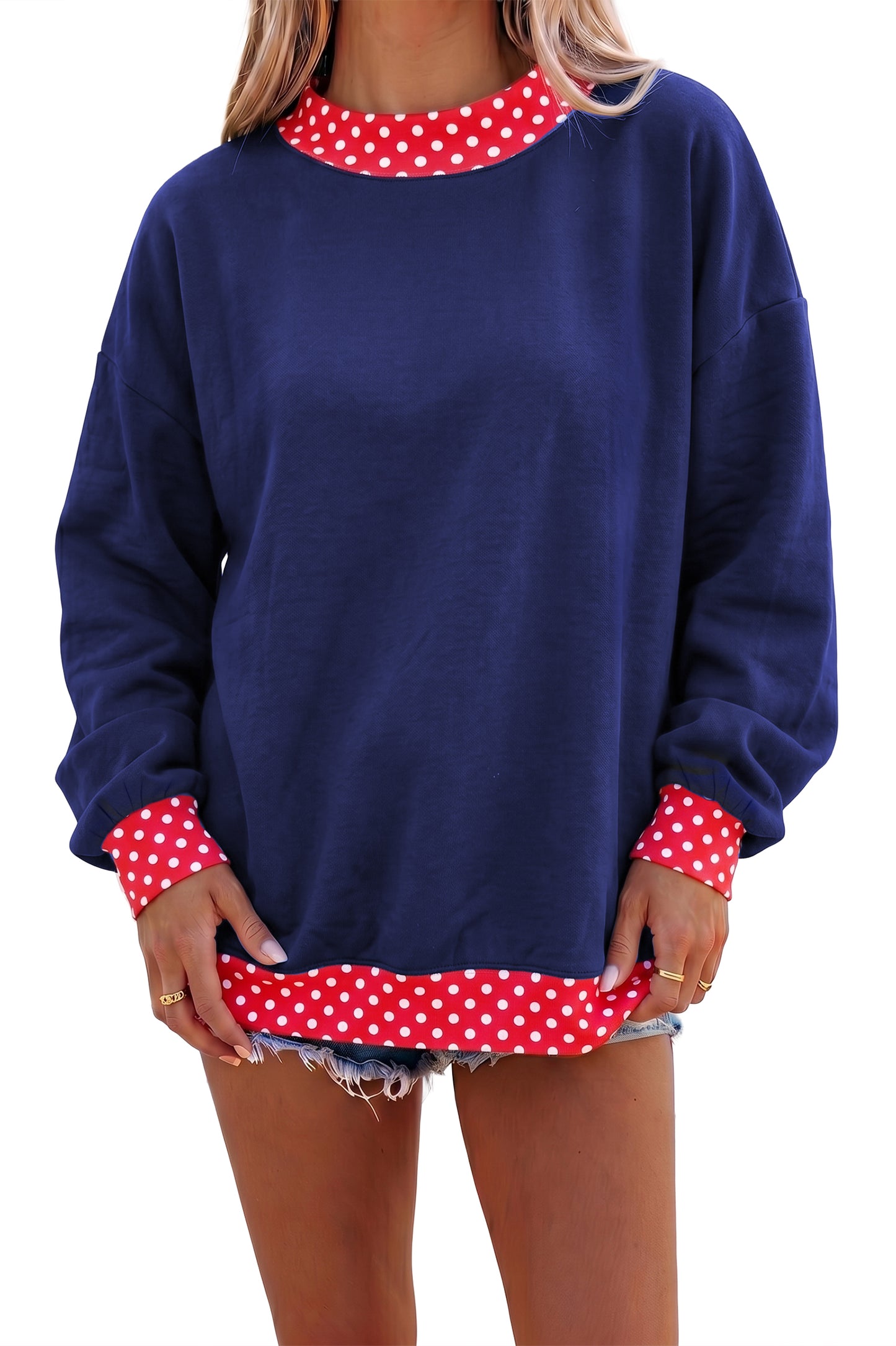 Colorblock Polka Dot Contrast Trim Oversized Sweatshirt