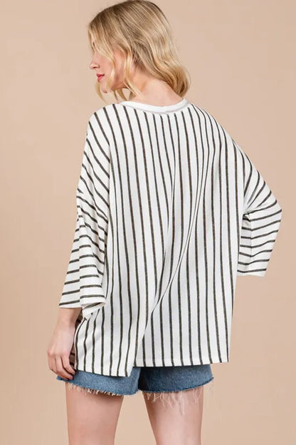 Stripe Colorblock 3/4 Sleeve Loose T Shirt
