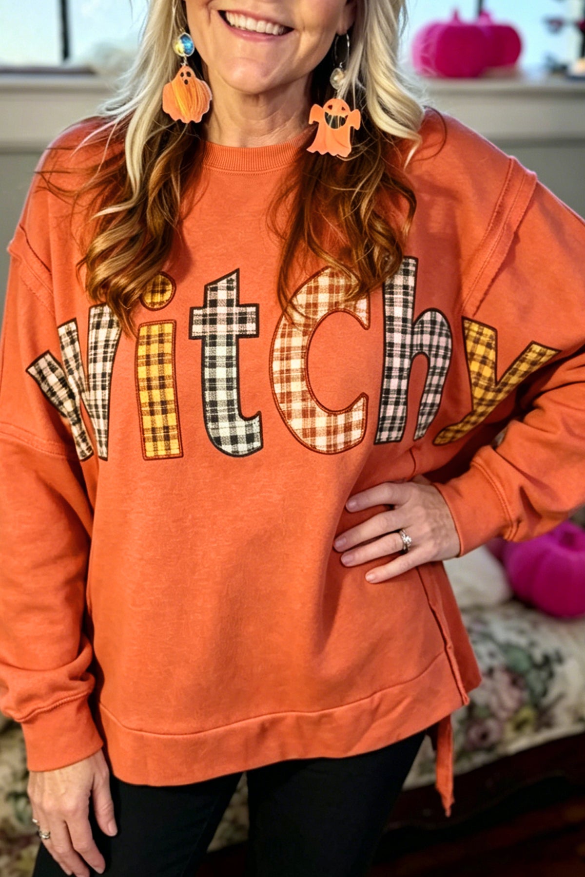 Halloween Witchy Plaid Slogan Embroidered Patch Tunic Sweatshirt