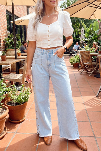 Studded Side Slit Leg Frayed Pocketed Wide Leg Jeans