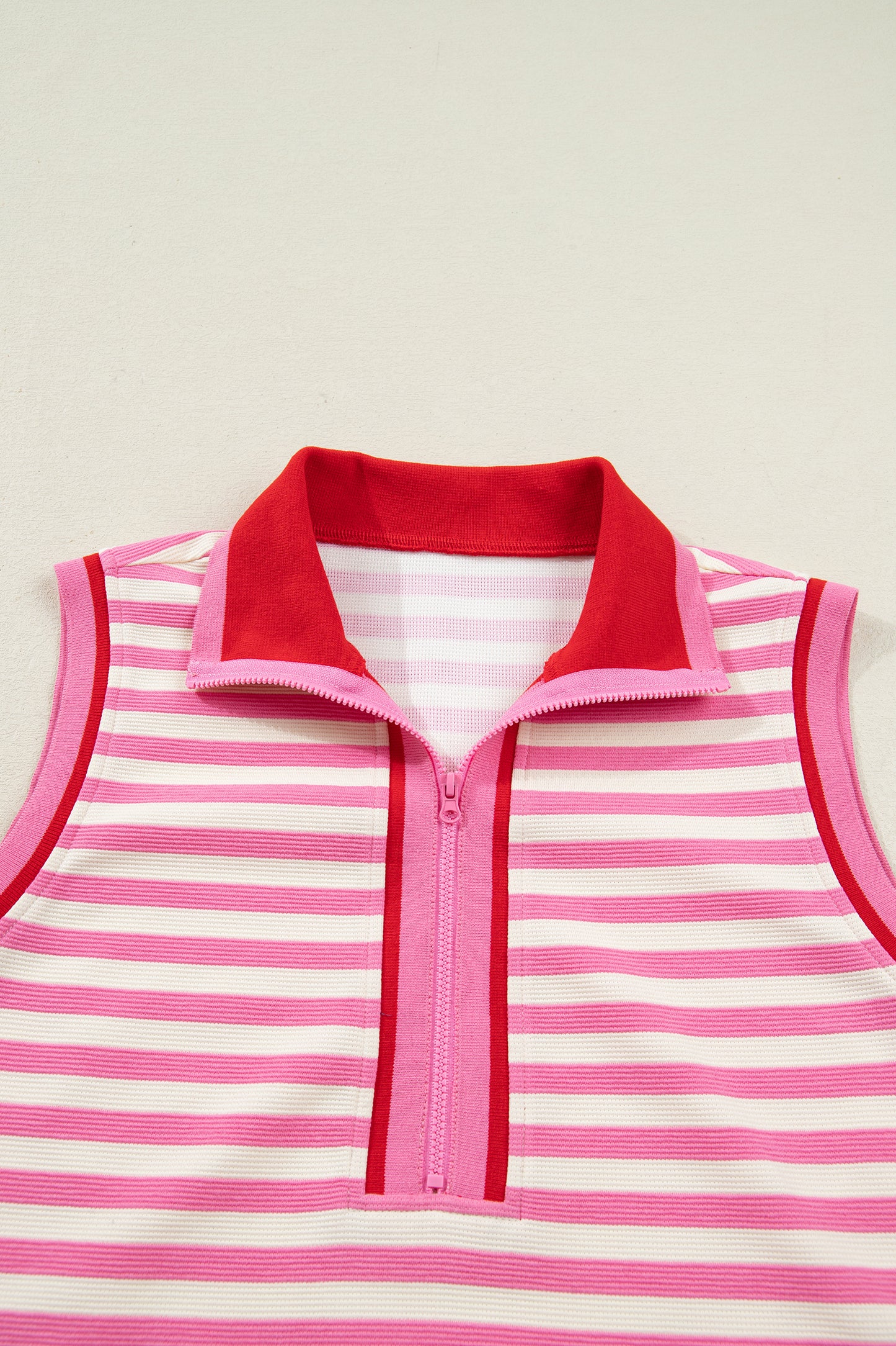 Sachet Pink Textured Stripe Print Contrast Trim Zip Collar Sleeveless 2pcs Skort Set