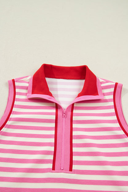 Sachet Pink Textured Stripe Print Contrast Trim Zip Collar Sleeveless 2pcs Skort Set