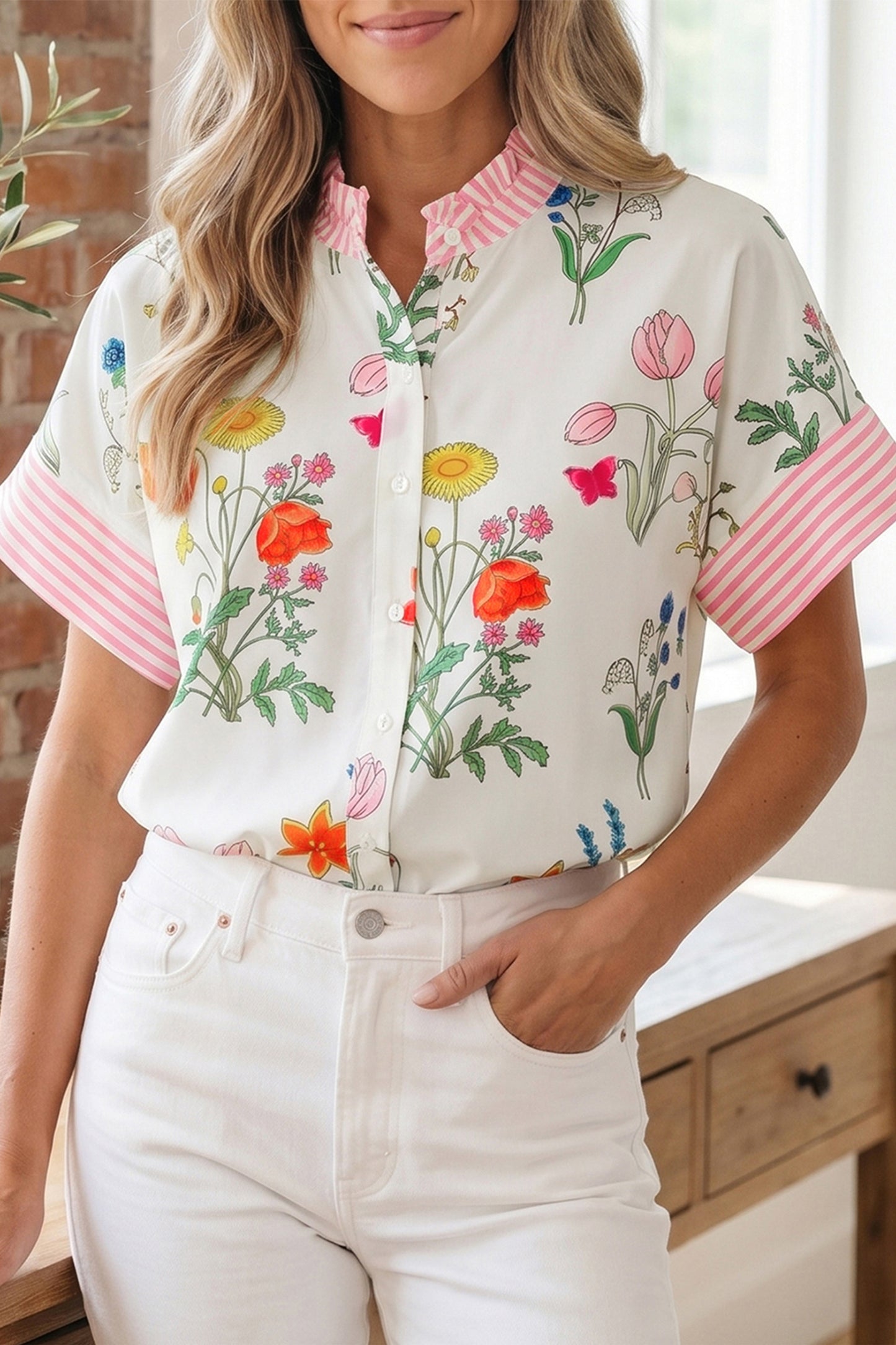 Floral Striped Patchwork Ruffled Collar Short Sleeve Shirt
