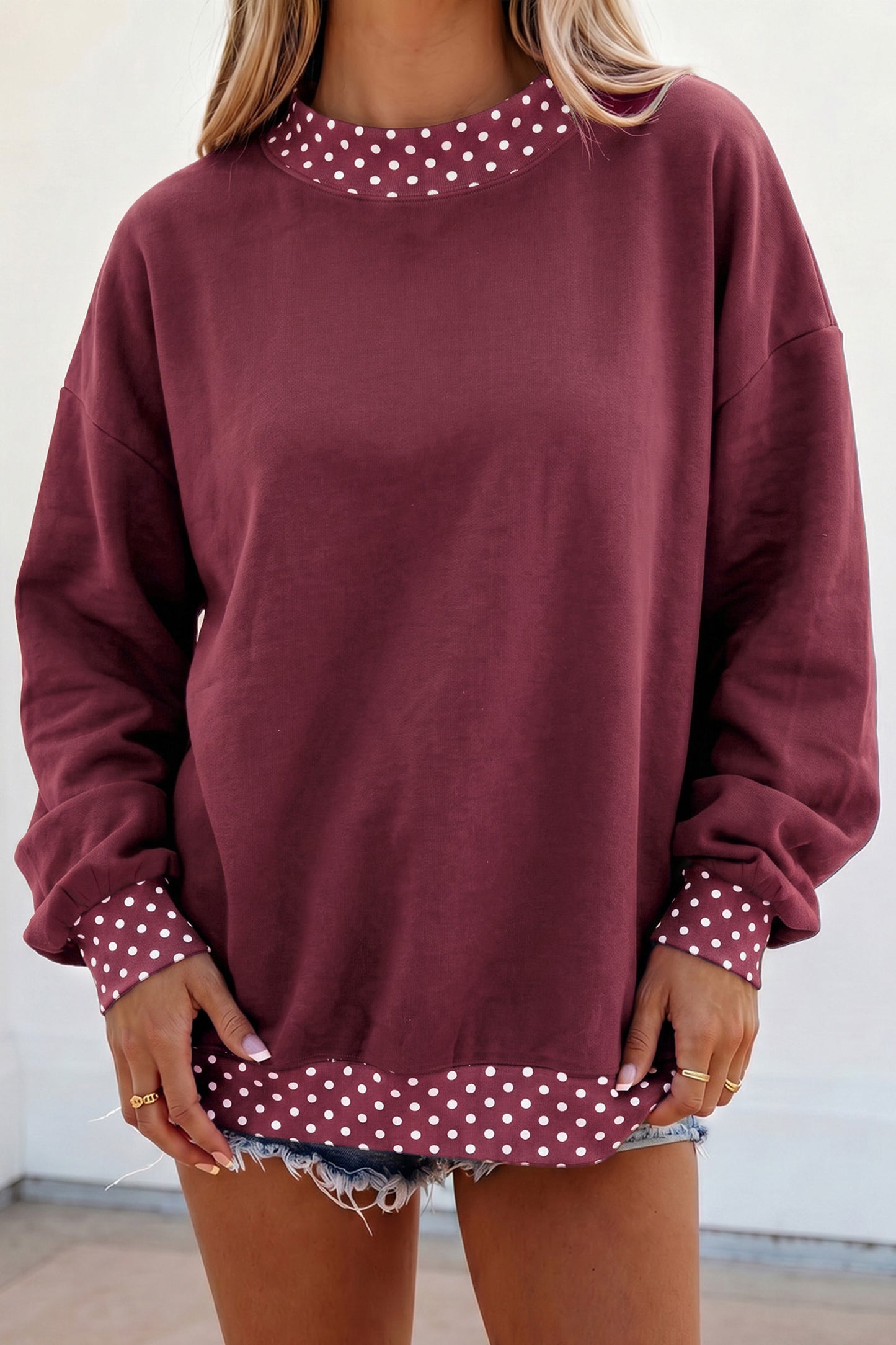 Colorblock Polka Dot Contrast Trim Oversized Sweatshirt