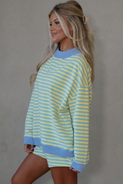 Stripe Color Block Detail Long Sleeve Pullover Elastic Waist Pull On Shorts 2pcs Set