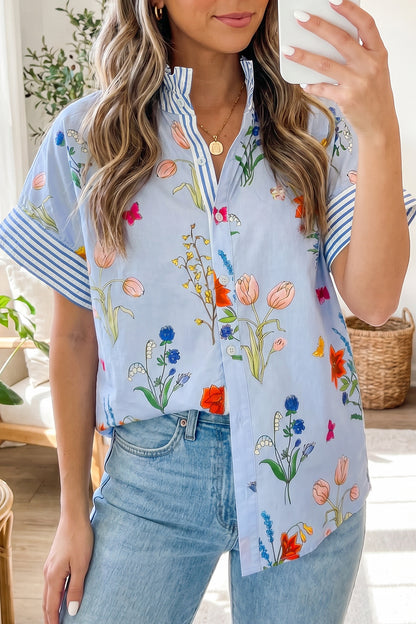 Floral Striped Patchwork Ruffled Collar Short Sleeve Shirt