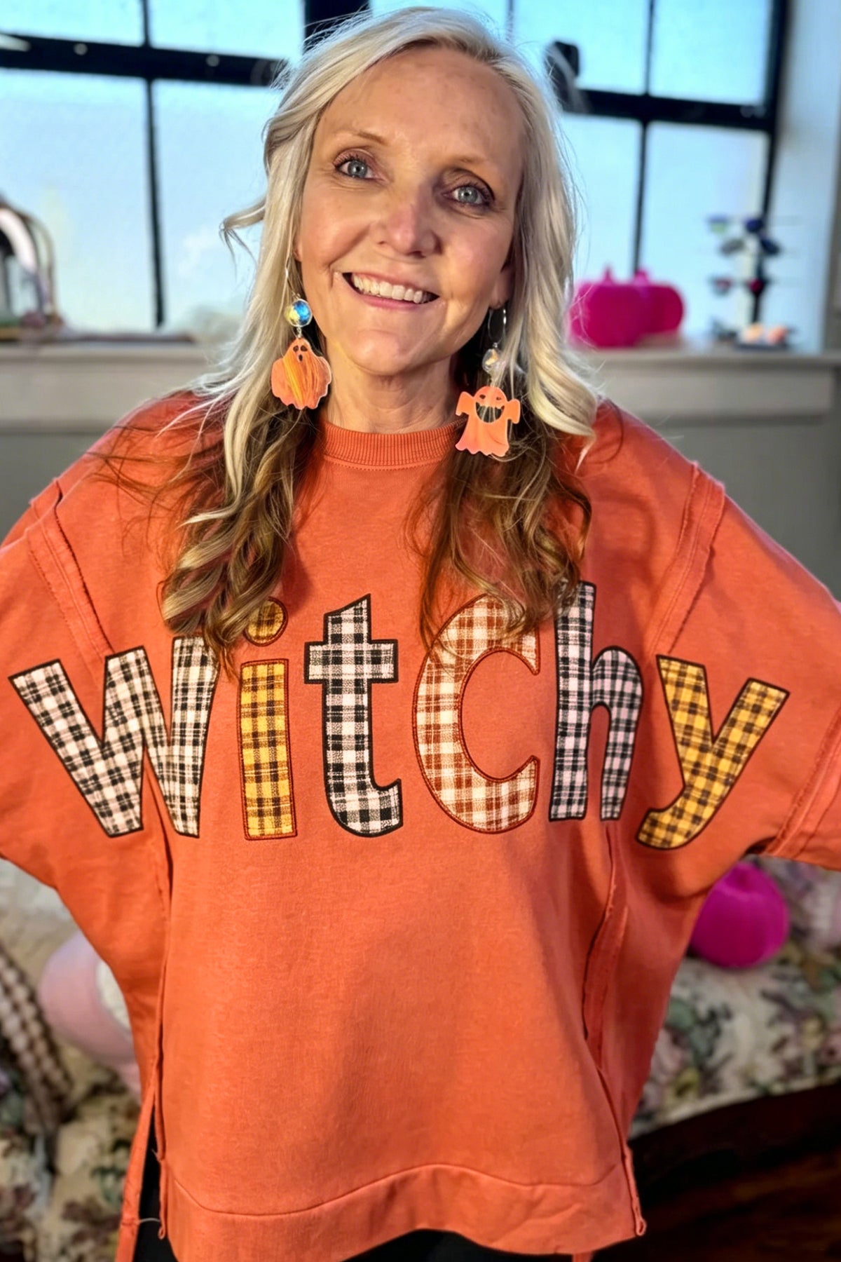 Halloween Witchy Plaid Slogan Embroidered Patch Tunic Sweatshirt