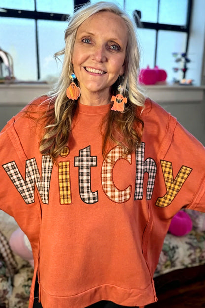 Halloween Witchy Plaid Slogan Embroidered Patch Tunic Sweatshirt