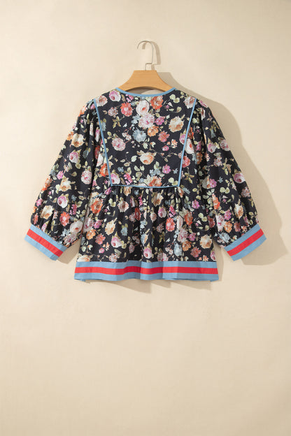Black Floral Print Contrast Trim Tie V Neck Bracelet Sleeve Blouse