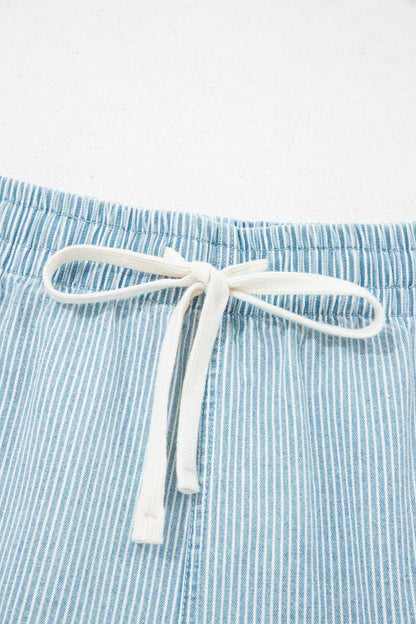 Blue Stripe Plus Size Contrast Drawstring Elastic Waist Denim Shorts