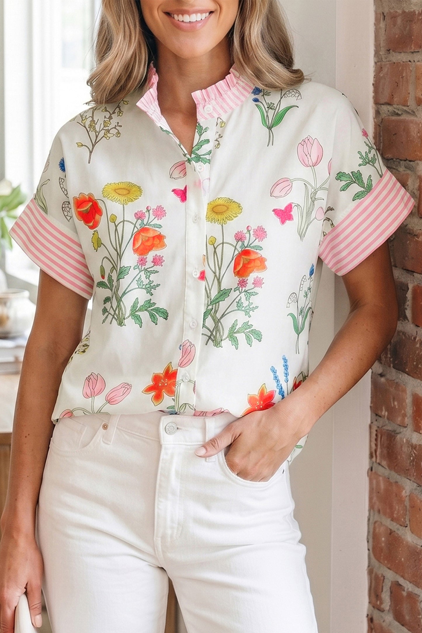Floral Striped Patchwork Ruffled Collar Short Sleeve Shirt