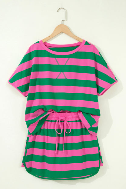 Stripe Dolman Tee Drawstring Skort Athletic 2pcs Set