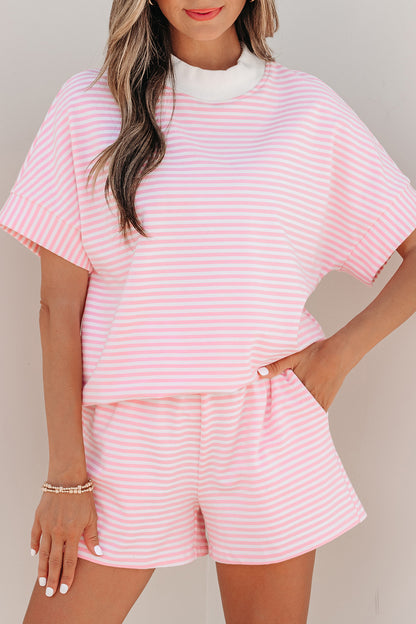 Green Stripe Cuffed Sleeve Contrast Mock Neck Tee Casual 2pcs Short Set