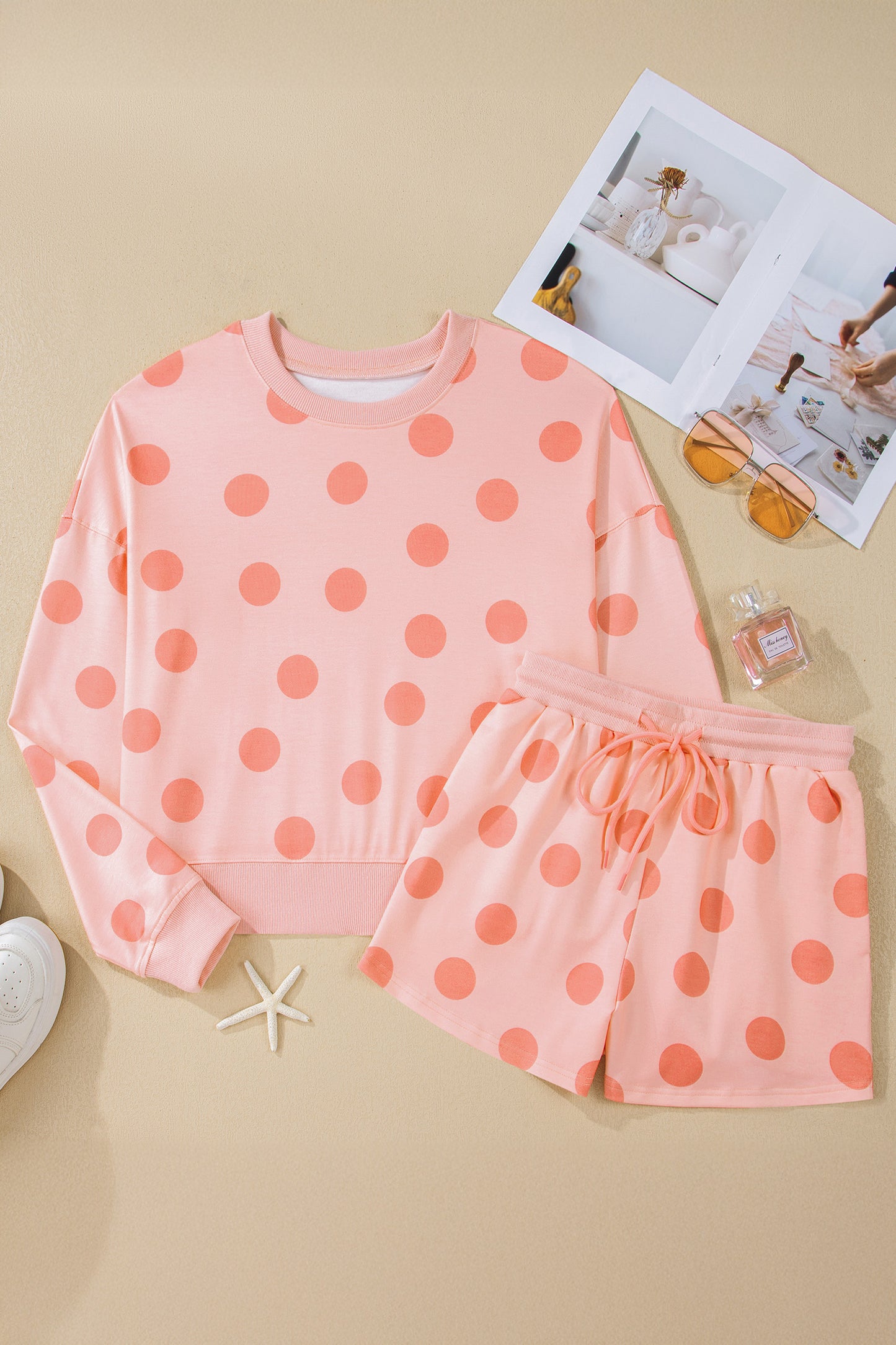 Pink Polka Dot Print Pullover and Shorts Set