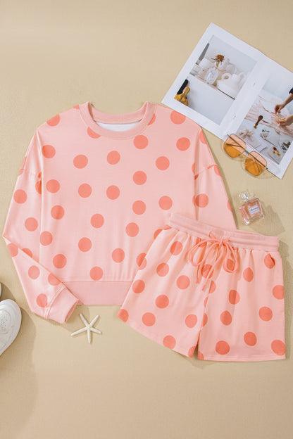 Pink Polka Dot Print Pullover and Shorts Set