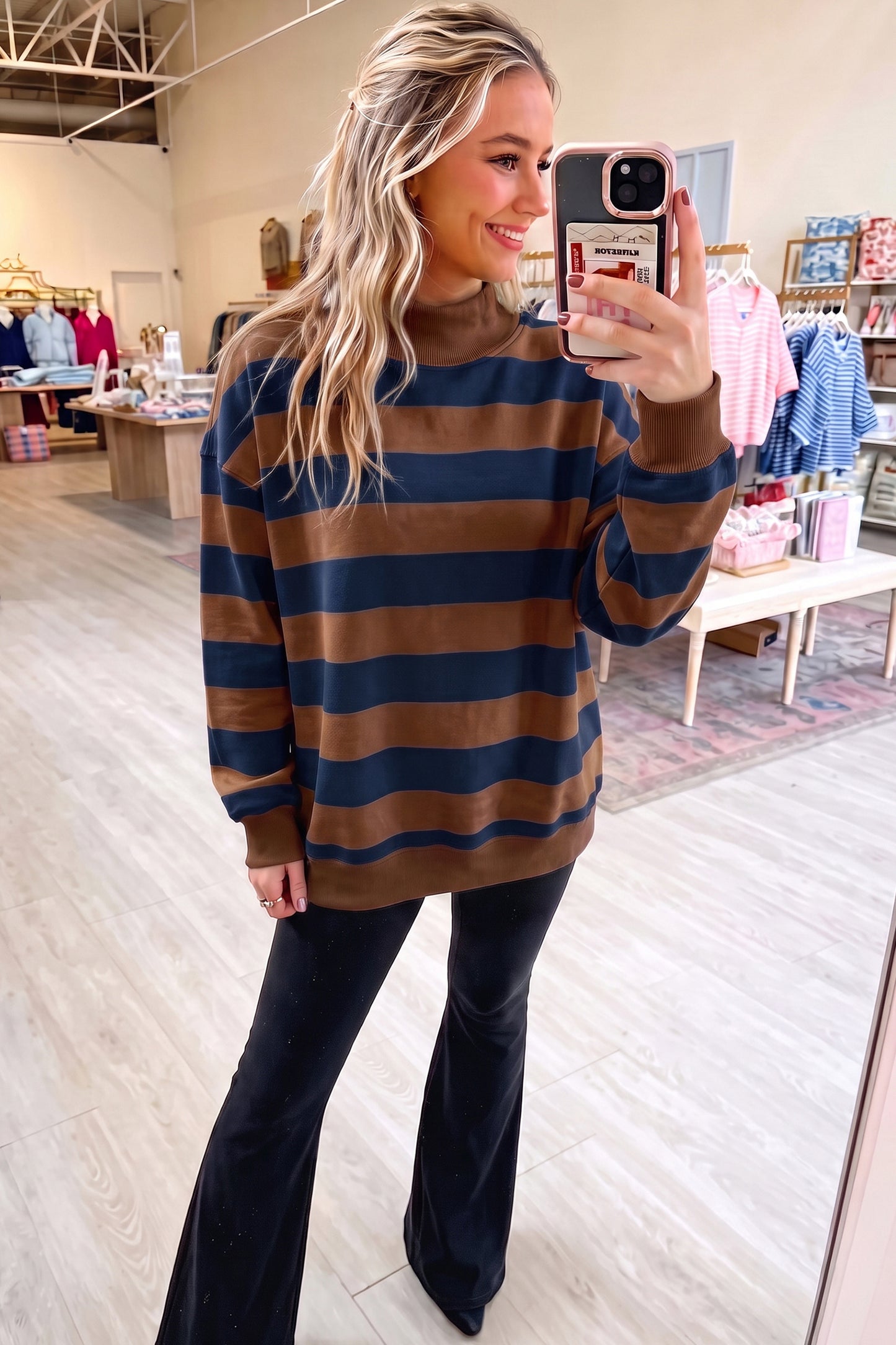 Orange Stripe Colorblock Mock Neck Relaxed Sweatshirt