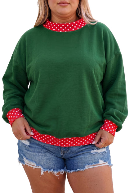 Polka Dot Patchwork Round Neck Plus Size Sweatshirt