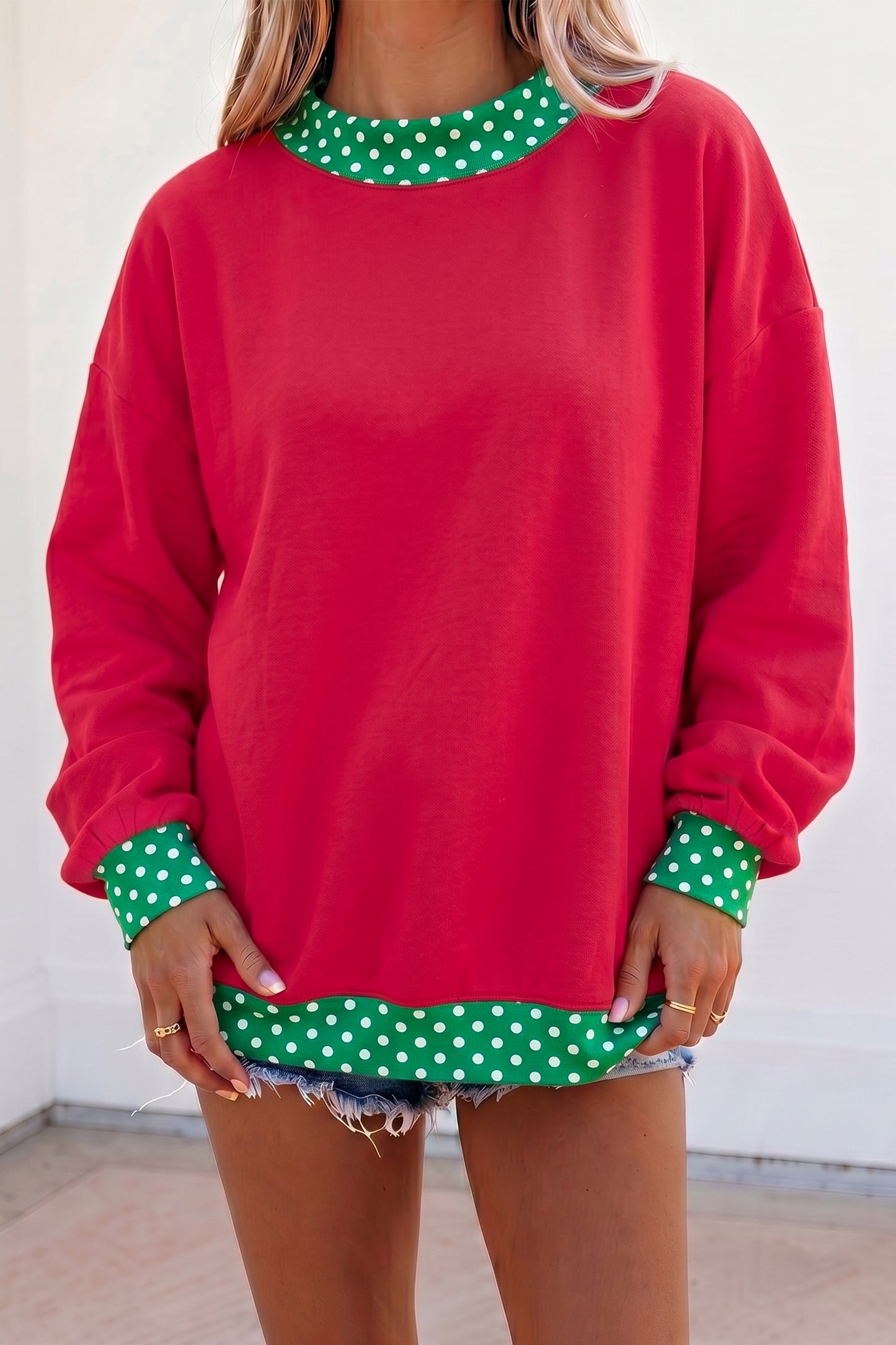 Colorblock Polka Dot Contrast Trim Oversized Sweatshirt