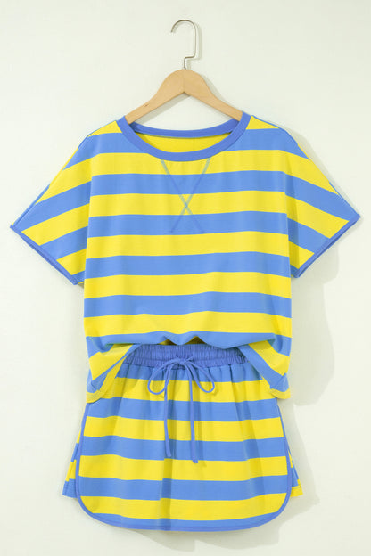 Stripe Dolman Tee Drawstring Skort Athletic 2pcs Set