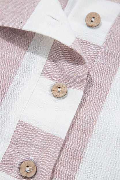 Khaki Stripe Striped Button-Up Three-Quarter Sleeve Short Shift Dress