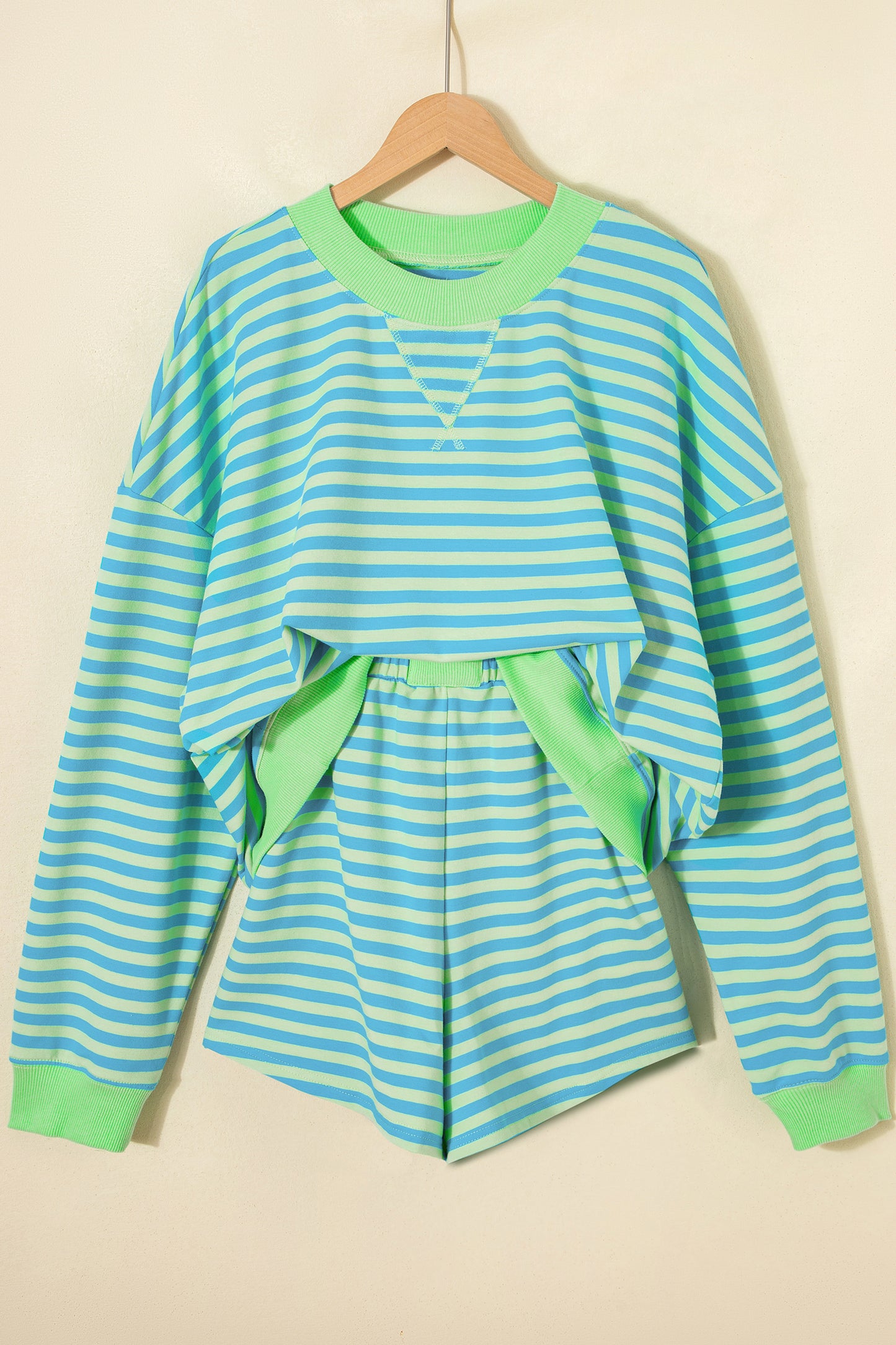 Stripe Color Block Detail Long Sleeve Pullover Elastic Waist Pull On Shorts 2pcs Set