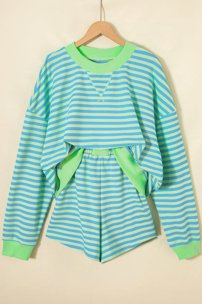 Stripe Color Block Detail Long Sleeve Pullover Elastic Waist Pull On Shorts 2pcs Set