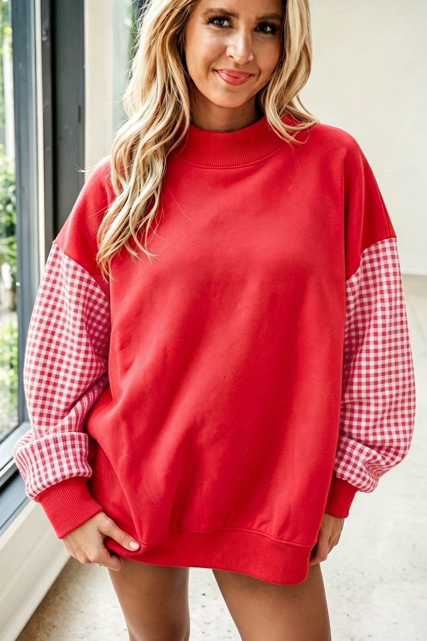 Plaid Sleeve Loose Tunic Mockneck Sweatshirt