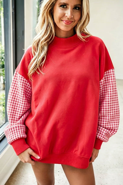 Plaid Sleeve Loose Tunic Mockneck Sweatshirt