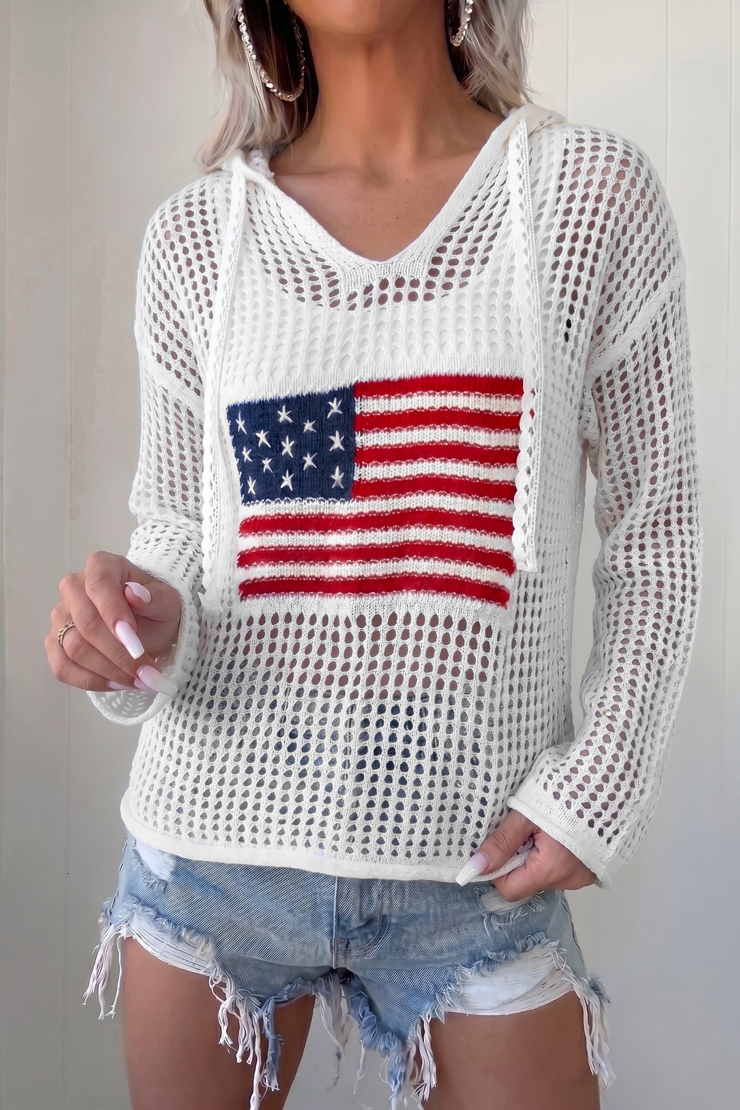 Crochet American Flag Patched Sweater Hoodie