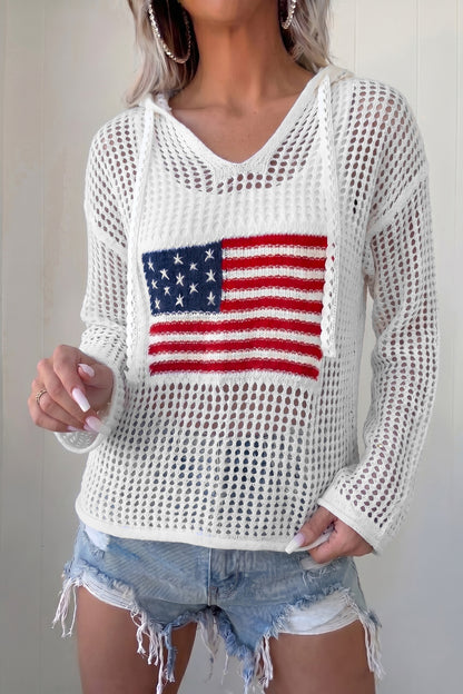 Crochet American Flag Patched Sweater Hoodie