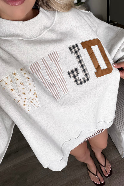Gray WWJD Mixed Pattern Embroidered Patch Mock Neck Sweatshirt