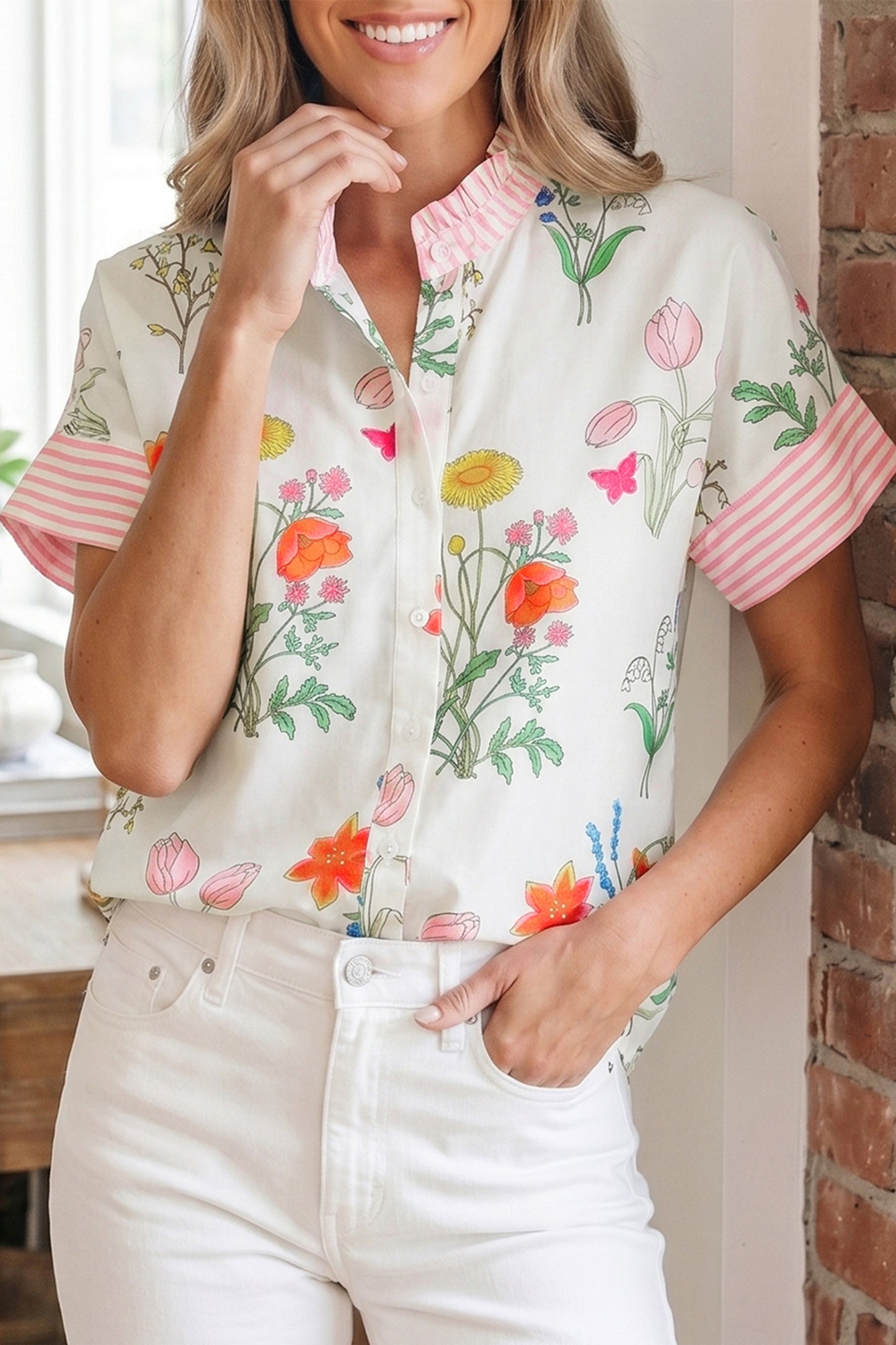 Floral Striped Patchwork Ruffled Collar Short Sleeve Shirt