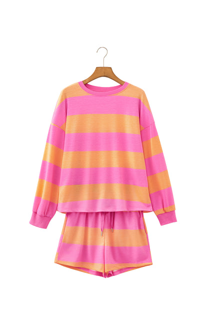 Pink Stripe Long Sleeve Casual Top Drawstring Shorts 2pcs Set