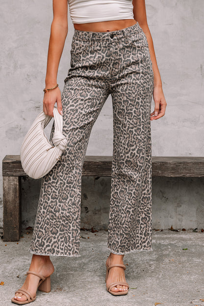 Leopard Frayed Edge Wide Leg High Waist Jeans