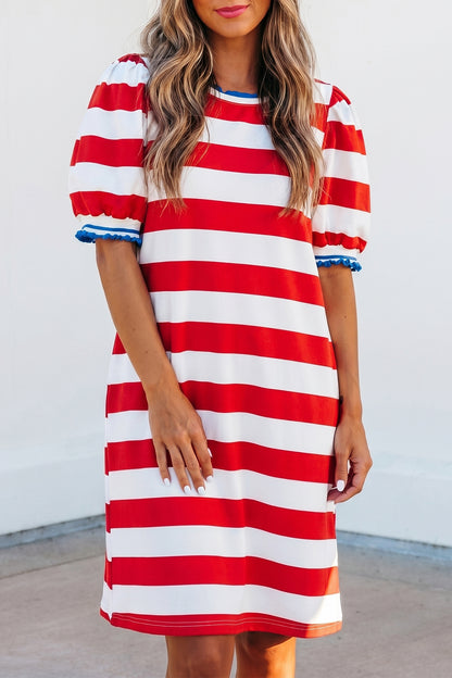 Red Stripe Contrast Trim Round Neck Short Puff Sleeve Shift Dress