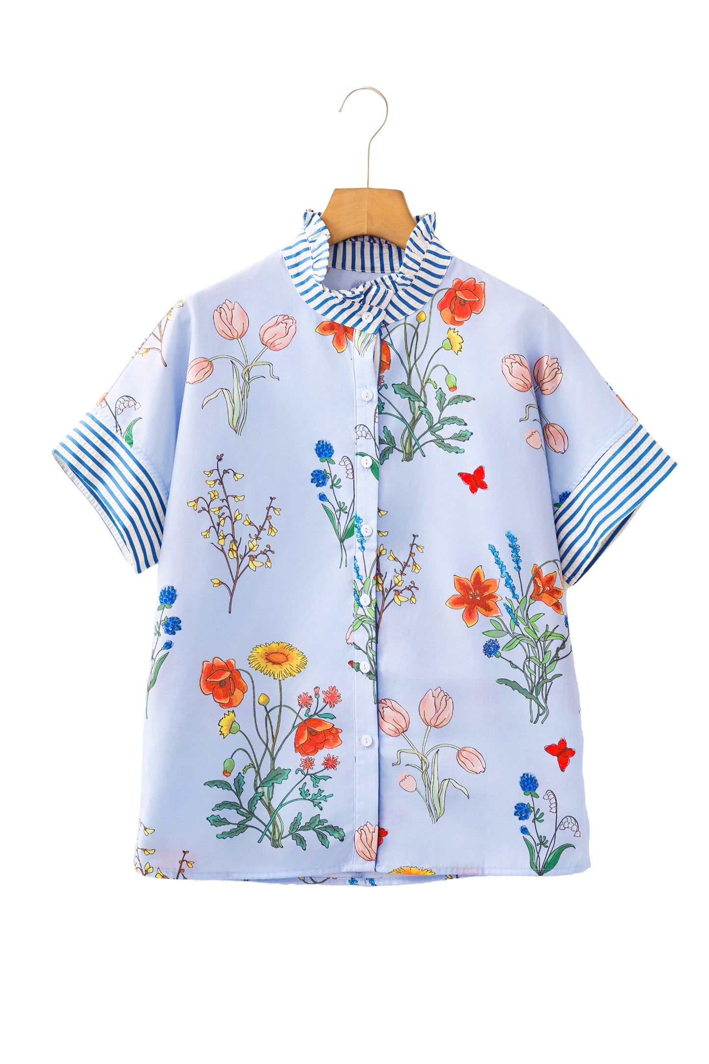 Floral Striped Patchwork Ruffled Collar Short Sleeve Shirt