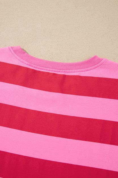 Rose Stripe Cuffed Short Sleeve Pocketed Casual T Shirt Long Dress