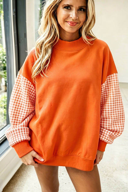 Plaid Sleeve Loose Tunic Mockneck Sweatshirt