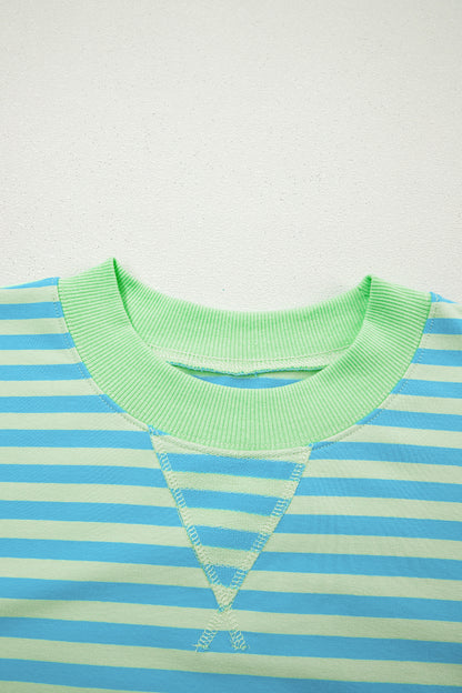 Stripe Color Block Detail Long Sleeve Pullover Elastic Waist Pull On Shorts 2pcs Set
