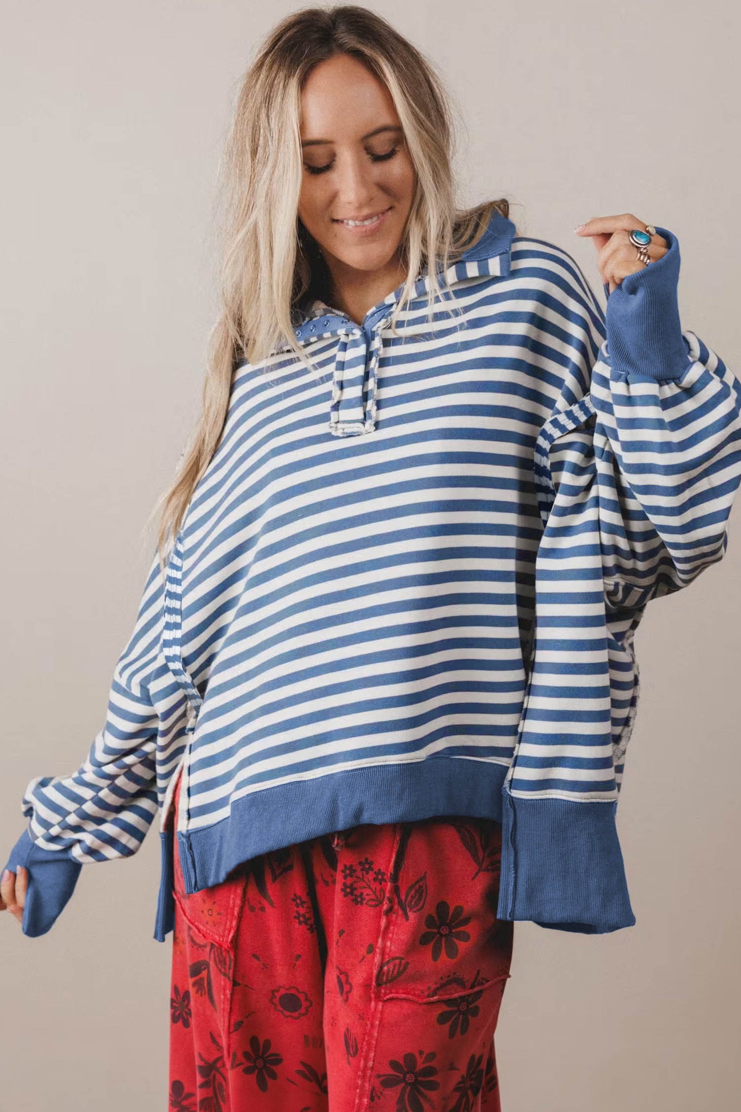 Blue Stripe Loose Pullover Sweatshirt