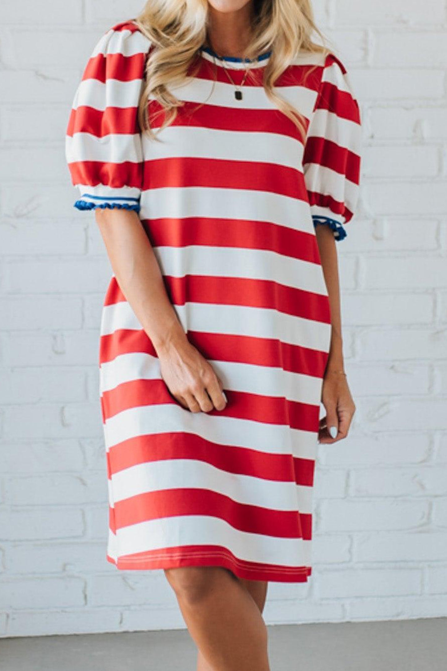 Red Stripe Contrast Trim Round Neck Short Puff Sleeve Shift Dress