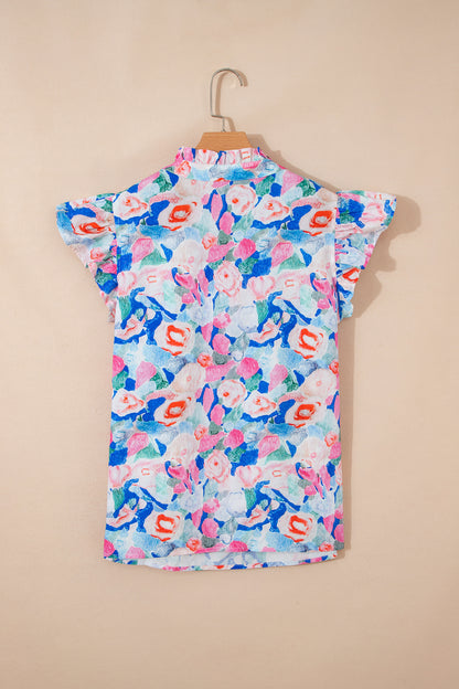 Floral Print Tie V Neck Contrast Detail Ruffle Short Sleeve Blouse