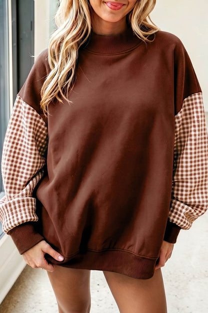 Plaid Sleeve Loose Tunic Mockneck Sweatshirt