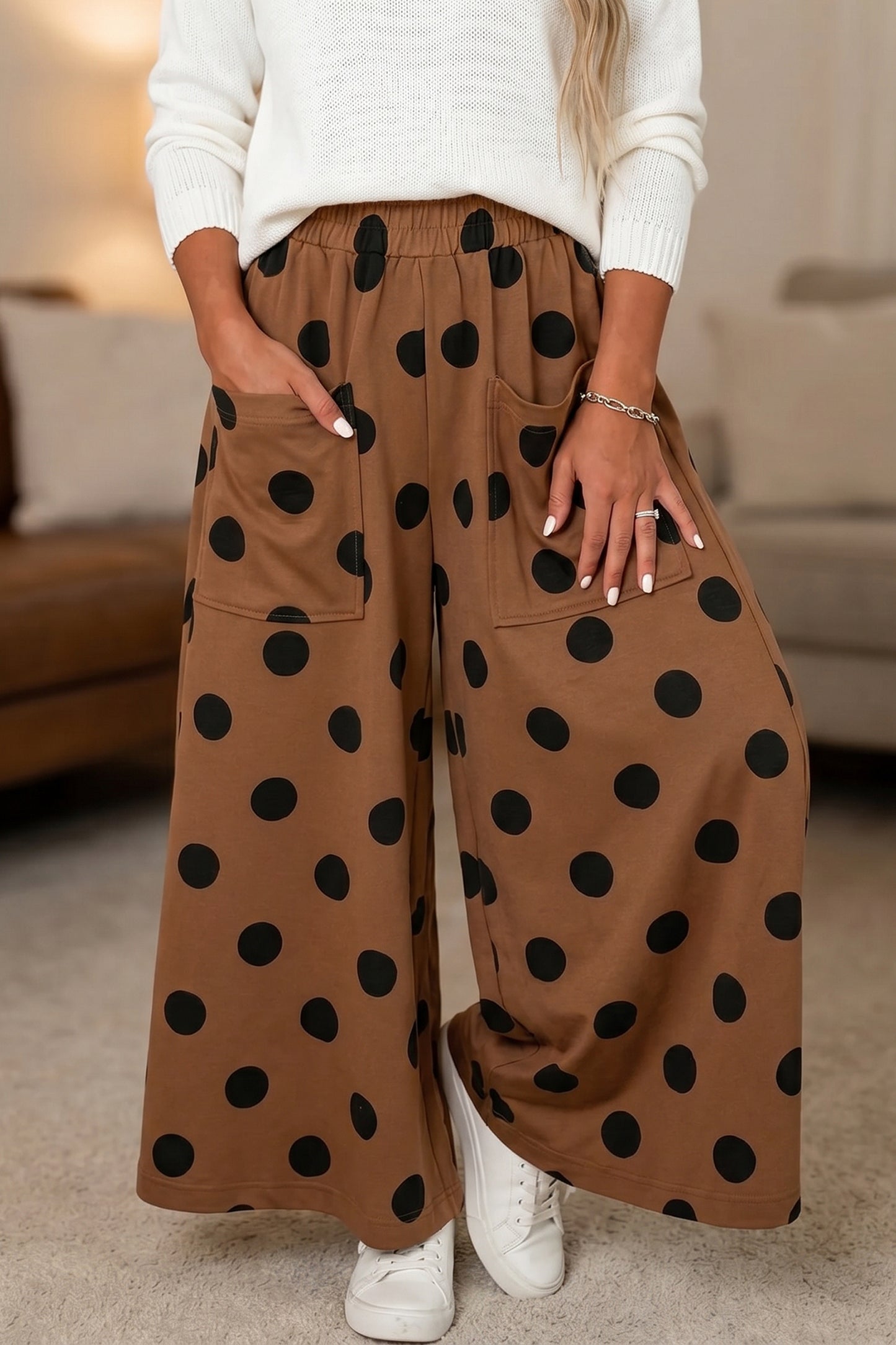Polka Dot Wide Leg Elastic Waist Casual Pants