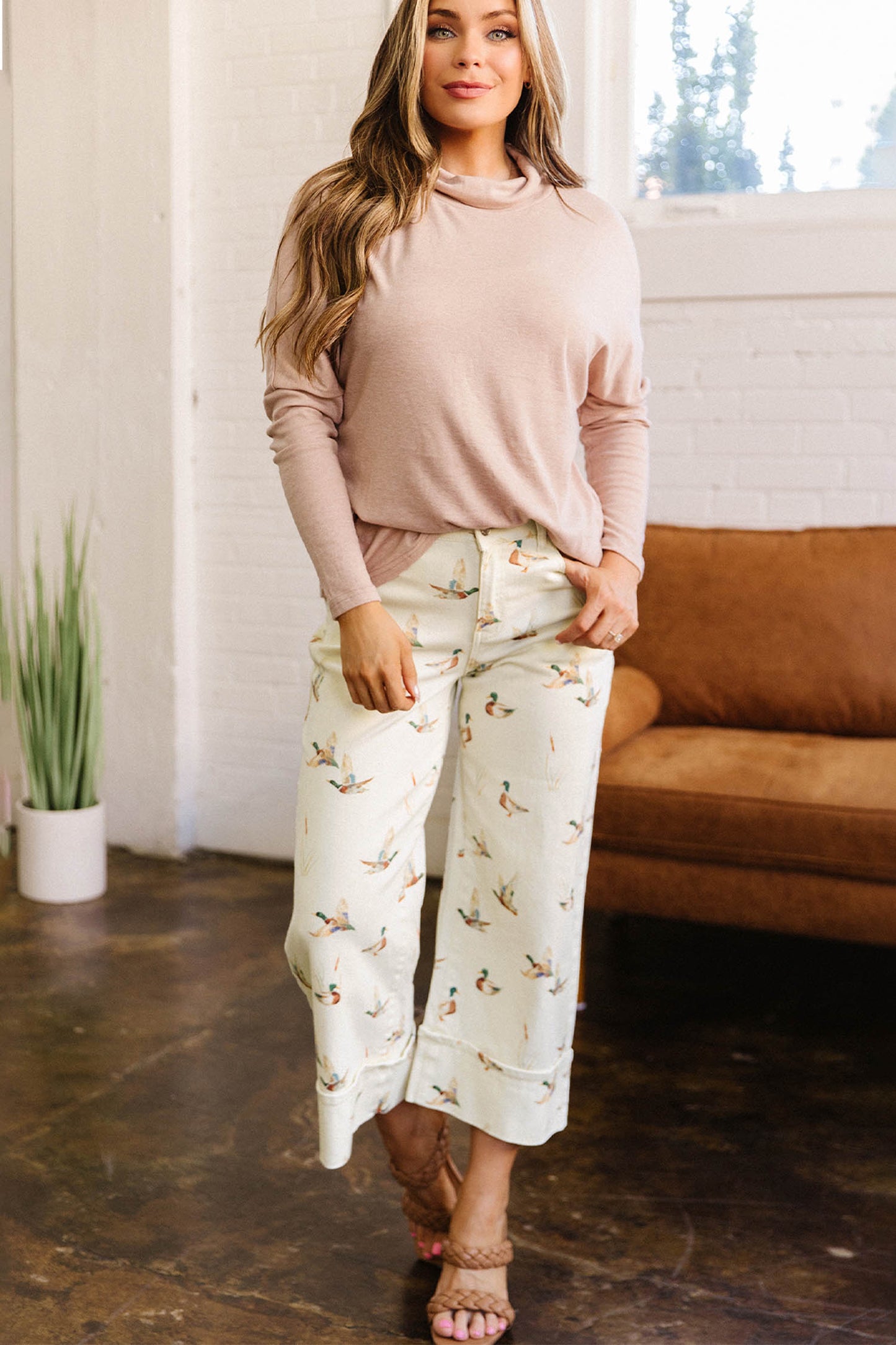 Mallard Printed Cuffed Hem Shift Jeans