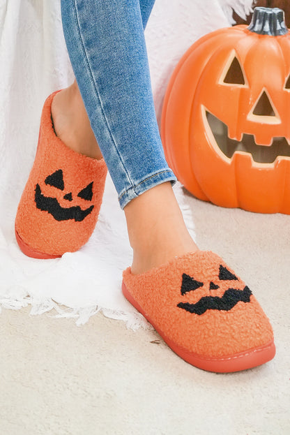 Orange Halloween Pumpkin Face Graphic Plush Slippers