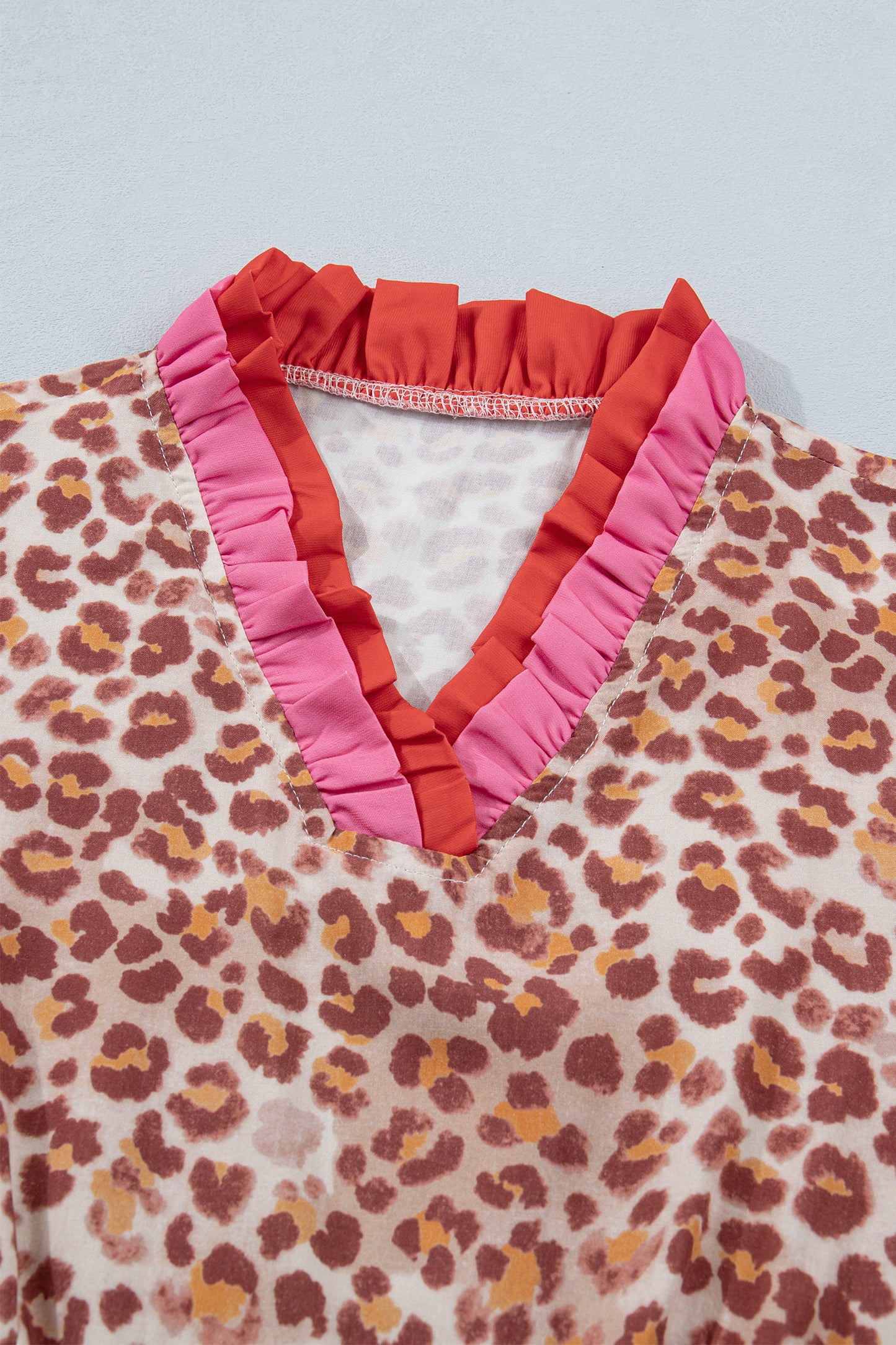 Khaki Leopard High Waist Ruffled Colorblock Trim Short Dress